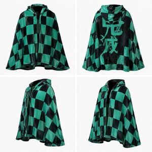 NEW Demon Slayer Tanjiro Inspired Hooded Fleece Poncho Blanket Cape Green Black